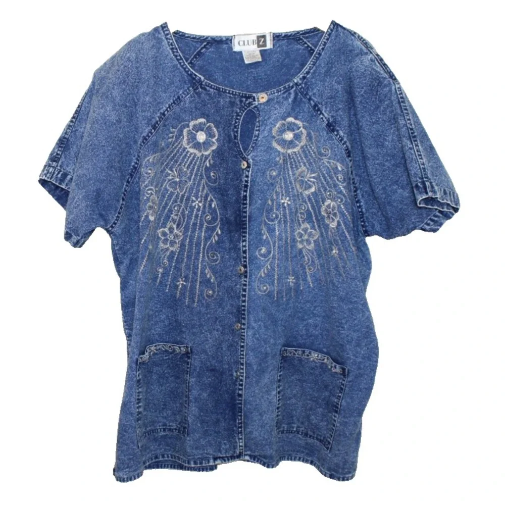 VTG Club Z embroidered beaded blue denim top plus size 22-24 embellished 1980s